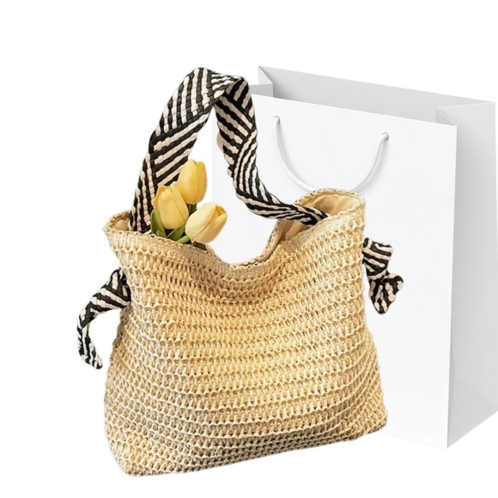 NEW Black and White Striped Shoulder Bag with Textured Fabric